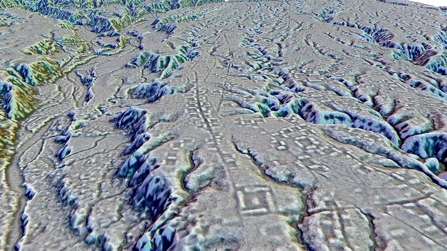 A laser scan of mountainous terrain in Ecuador shows the square footprints of old structures and lines that were once roads